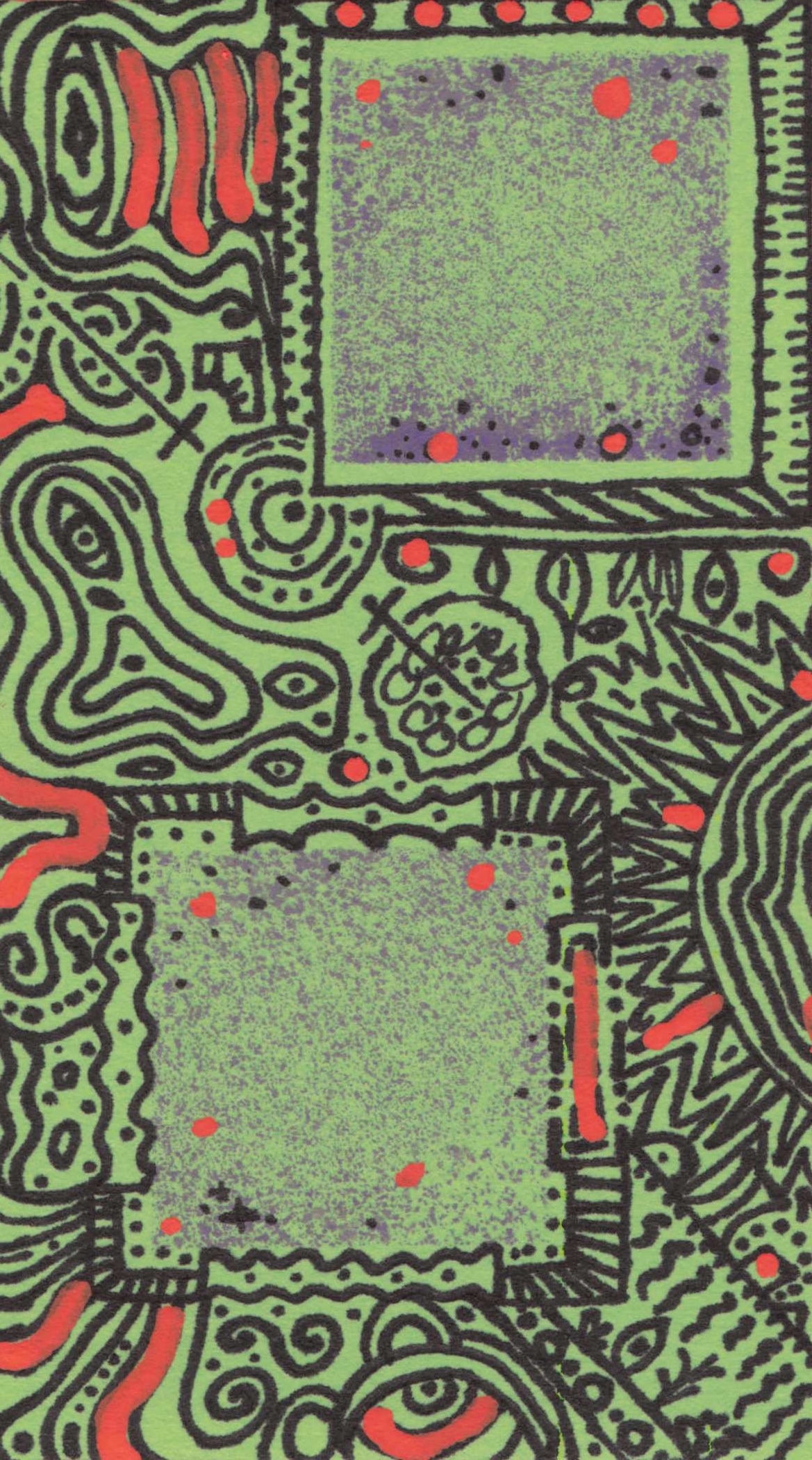 Purple, orange, and black graphic design on Leaf Green card.